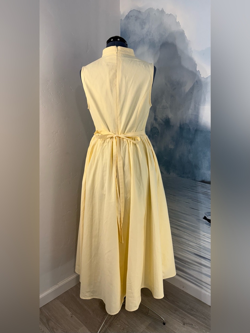 Sleeveless Pale Yellow Button-Front Midi Dress #402 - Picture 4 of 10